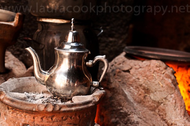 Water boils ready for the preparation of the traditional mint tea.