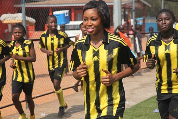 Football is thankfully no longer a 'man's world'. Girls train in Makeni ahead of their match.
